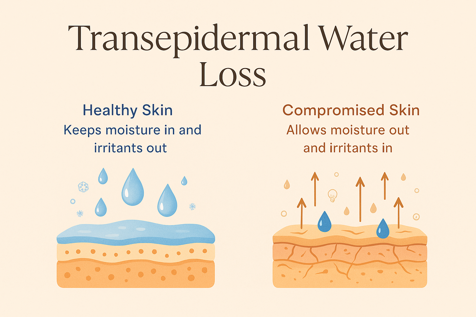 Educational flat infographic comparing healthy vs. compromised skin barrier; healthy side retains moisture while damaged barrier shows transepidermal water loss (TEWL) with moisture escaping upward arrows.