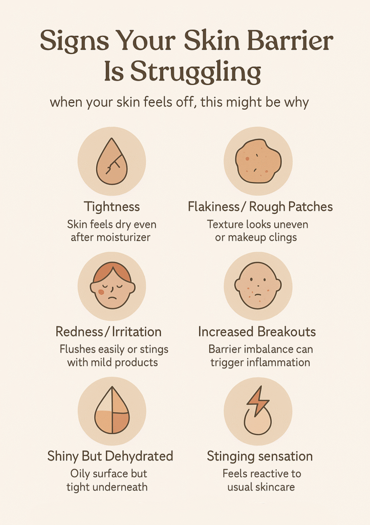 Six signs your skin barrier is struggling in dry climates: tightness, flakiness, redness, breakouts, shiny but dehydrated, stinging
